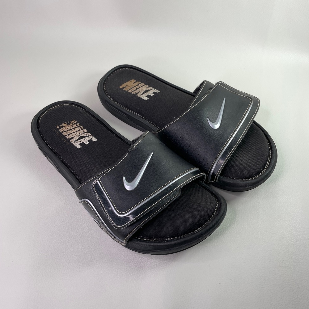 Nike Mens Black Adjustable Slide Sandals Silver Swoosh 415205-002 Size 9 Y2K
